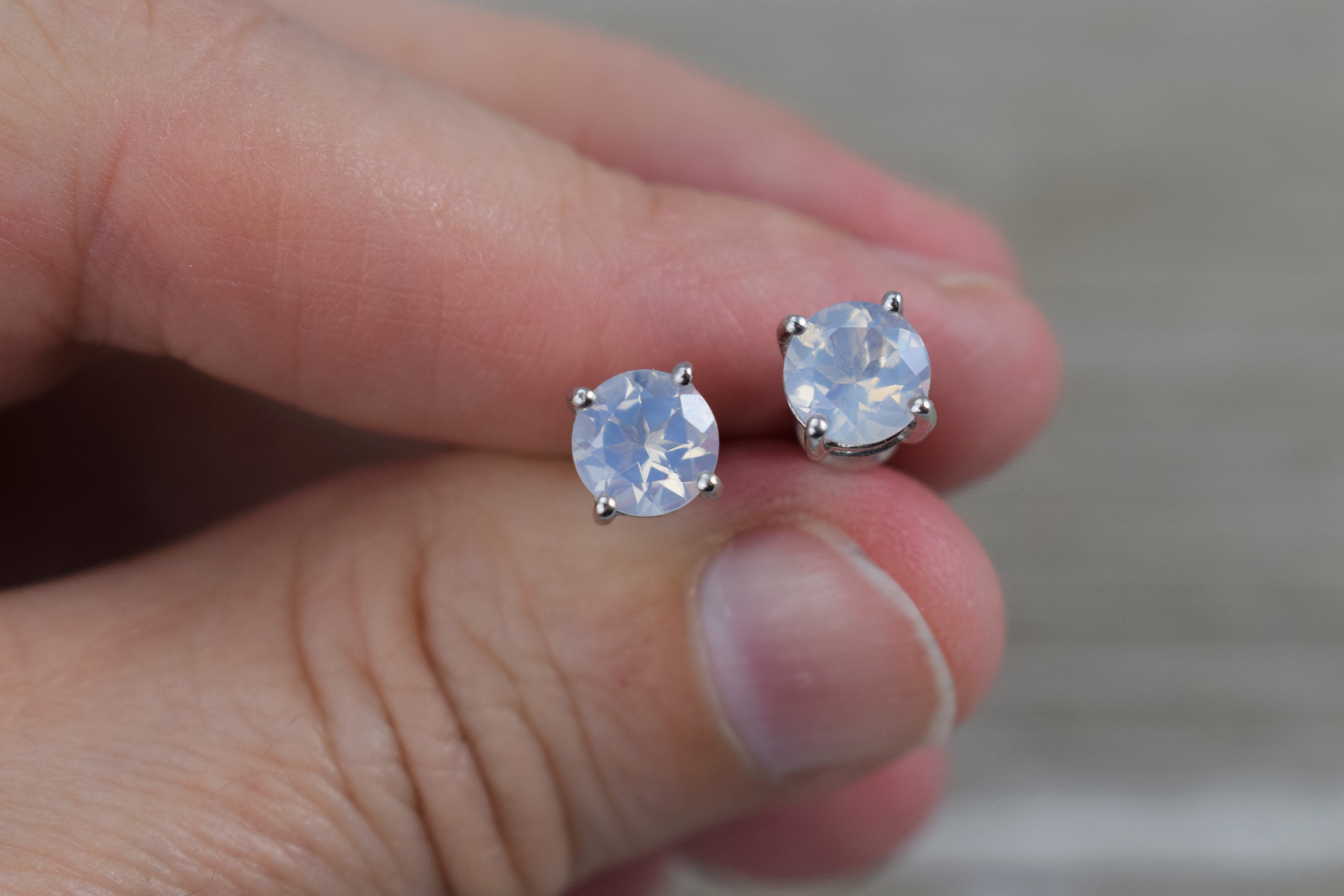 Blue Moon Quartz Stud Earrings (sterling Silver) - Large Natural Faceted Gemstone - 6 Mm Round