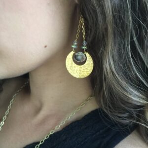 Brass Crescent Moon Quartz Crystal Earrings - Hammered Crescent Moon Earrings Brass Crescent Moon Quartz Crystal Earrings - Hammered Crescent Moon Earrings