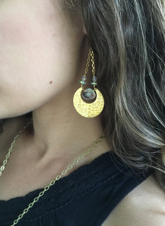 Brass Crescent Moon Quartz Crystal Earrings - Hammered Crescent Moon Earrings
