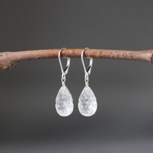 Carved Quartz Earrings - Clear Crystal Earrings - Quartz Crystal Earrings - Clear Gemstones - Wire Wrap Earrings - Silver Leverback Earrings