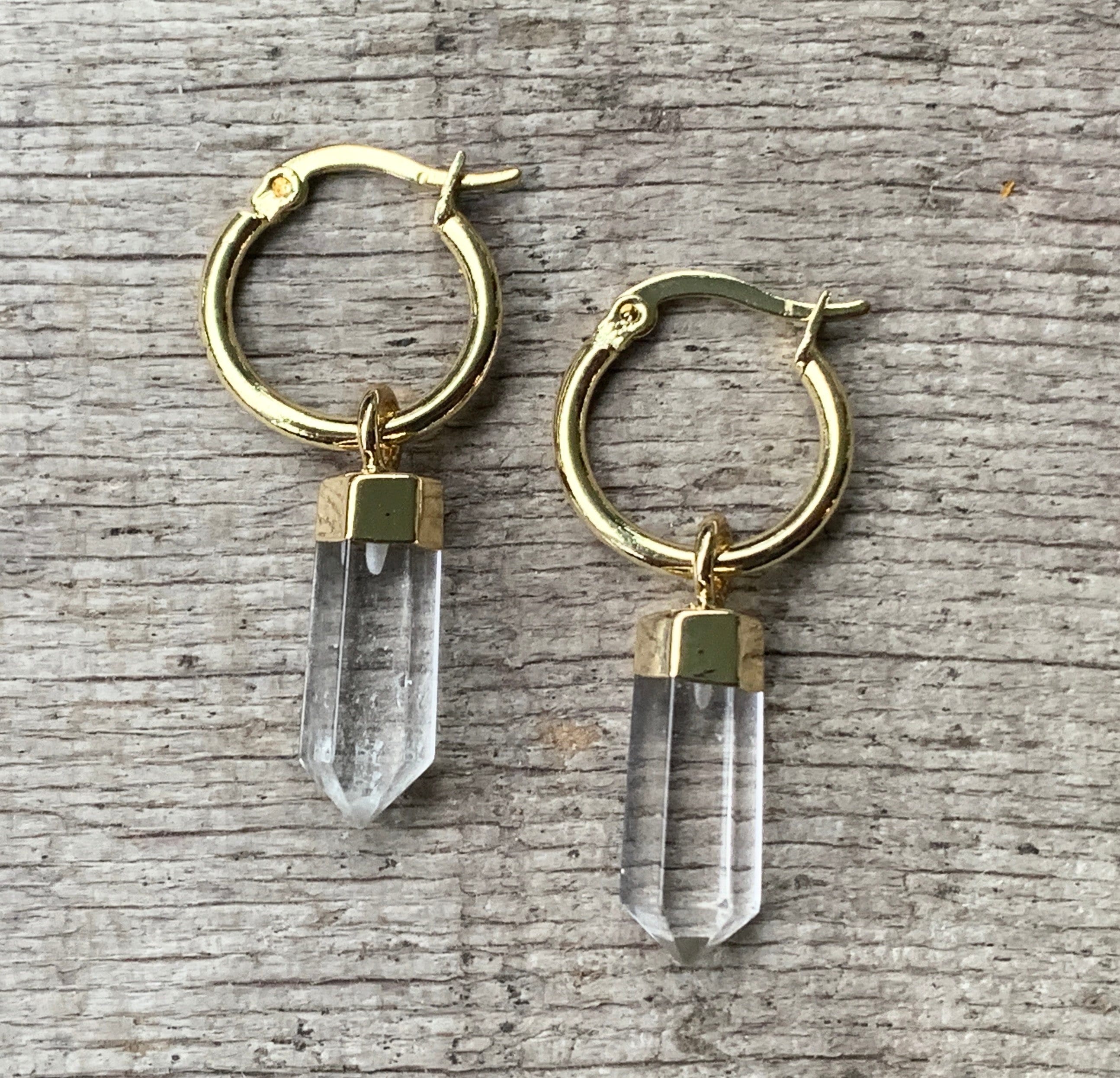Clear Quartz Crystal Point Earrings With Gold Hoops | Edgy Gold Hoop Earrings | Boho Earrings | Statement Earrings | Stone Earrings