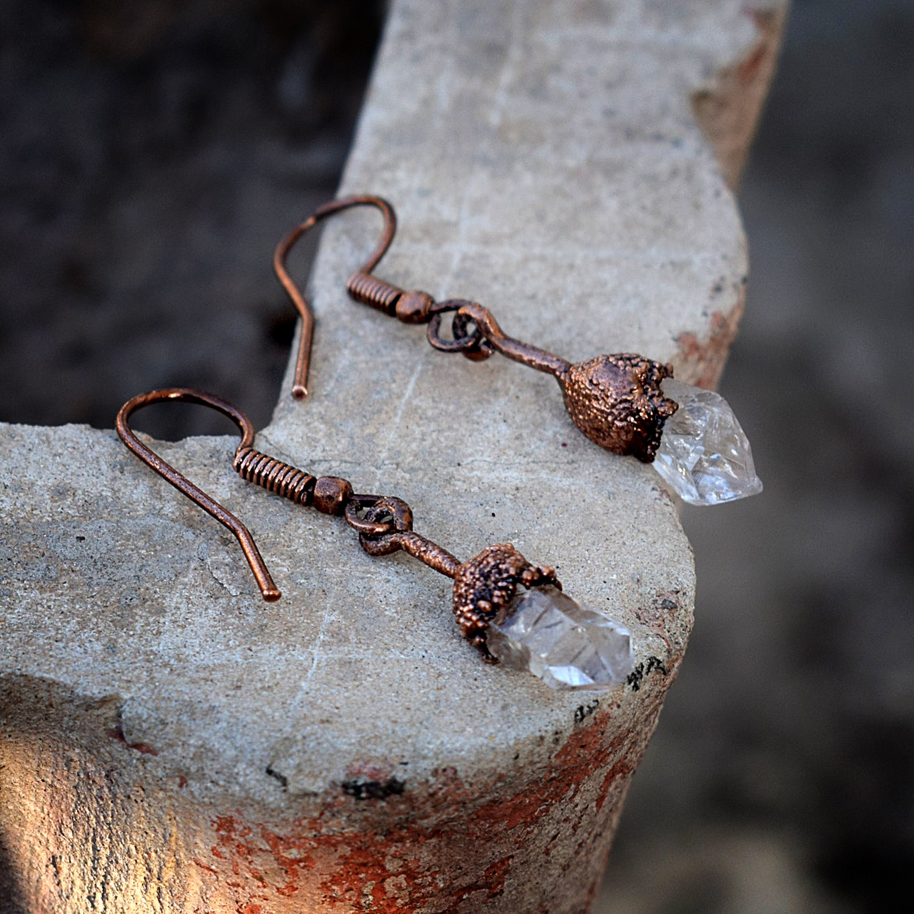 Crystal Quartz Dangle Drop Earrings Copper Earrings Electroform Earrings Antique Earrings Branch Earrings Gemstone Earrings