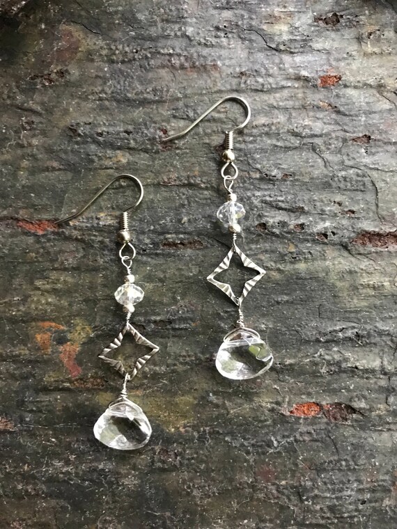 Quartz Crystal Faceted Gemstone Dangle Earrings - Stainless Steel Crystal Dangle Earrings - Handmade Ooak Crystal Earrings