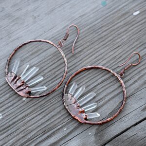 Crystal Quartz Copper Hoop Earrings: Pencil Gemstone Dangle Drop Jewelry