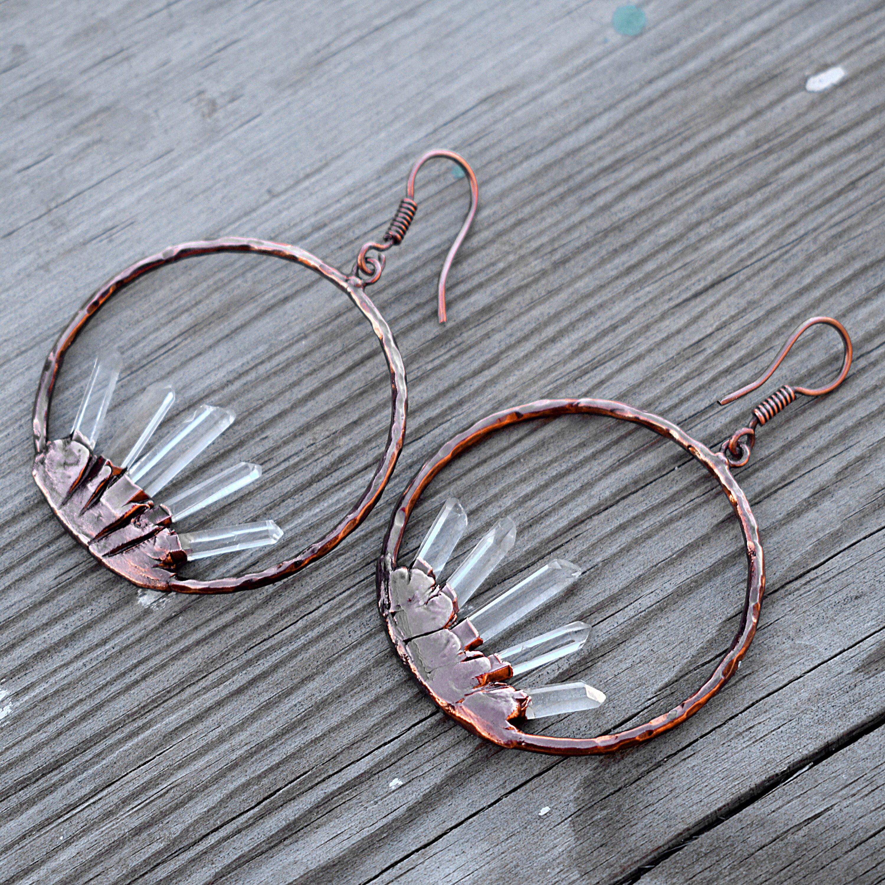 Crystal Quartz Copper Hoop Earrings: Pencil Gemstone Dangle Drop Jewelry