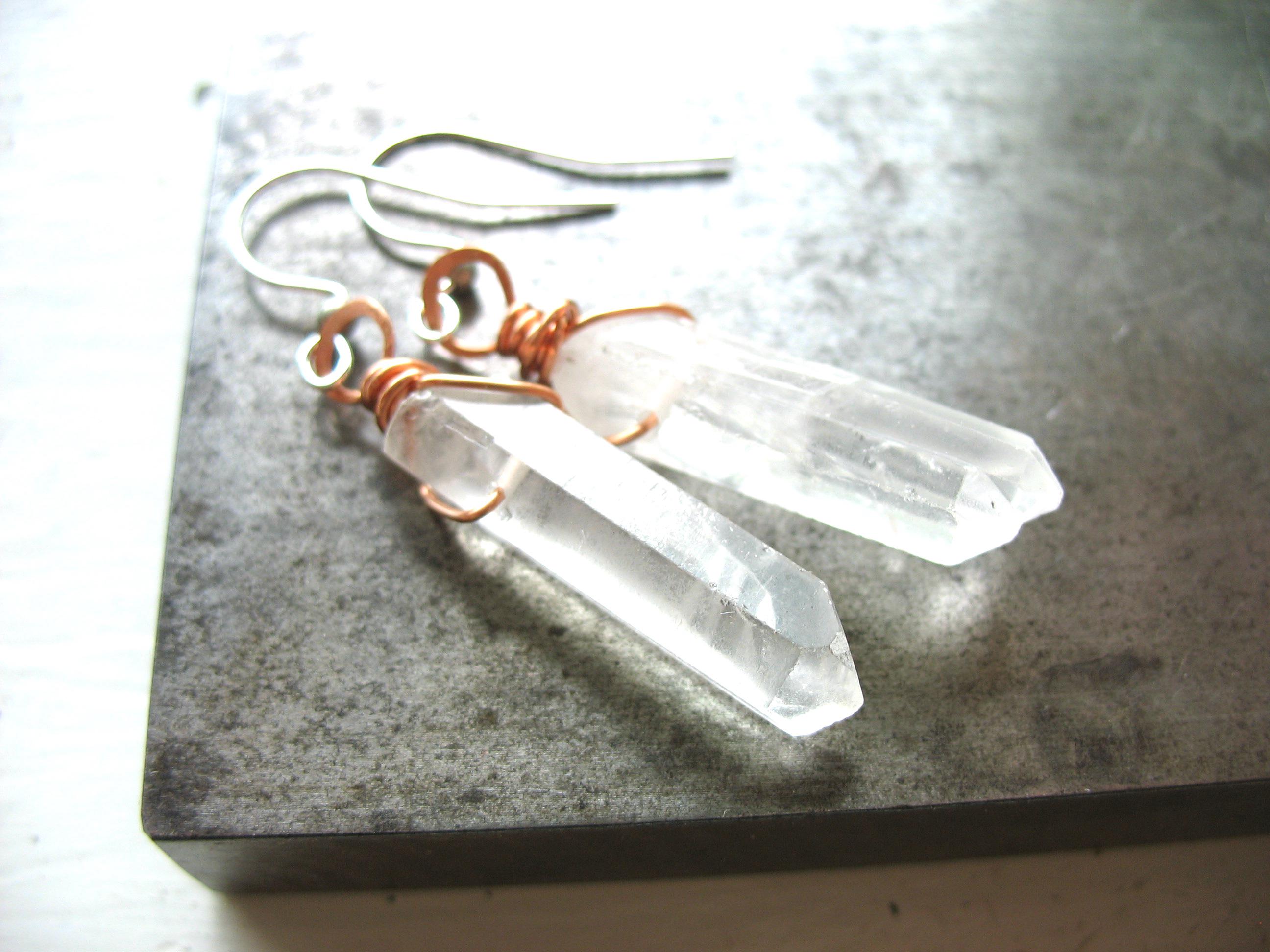 Quartz Crystal Point Gemstone Copper Earrings Jewelry Handmade In Usa