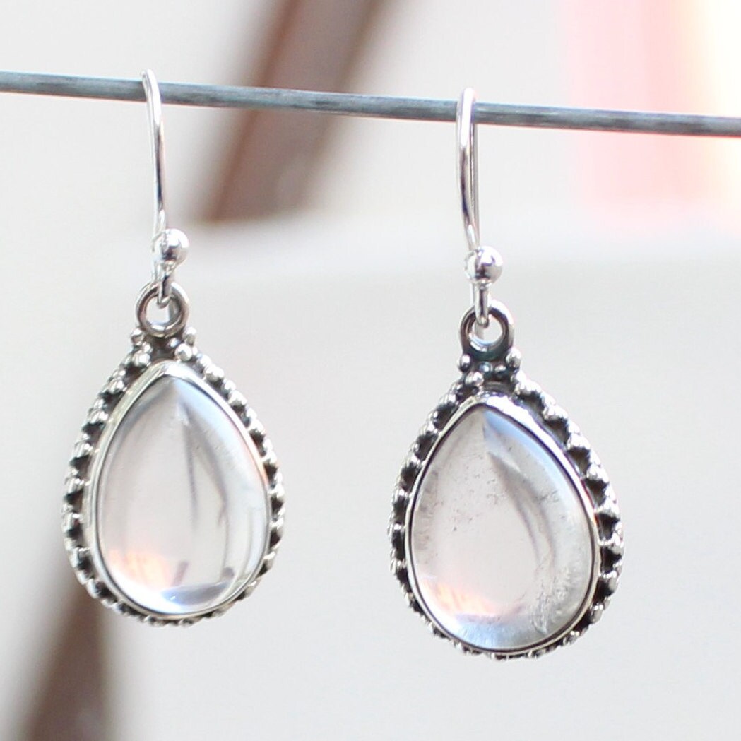 Crystal Quartz Sterling Silver Earrings: Pear Cabochons, Loop Dangles