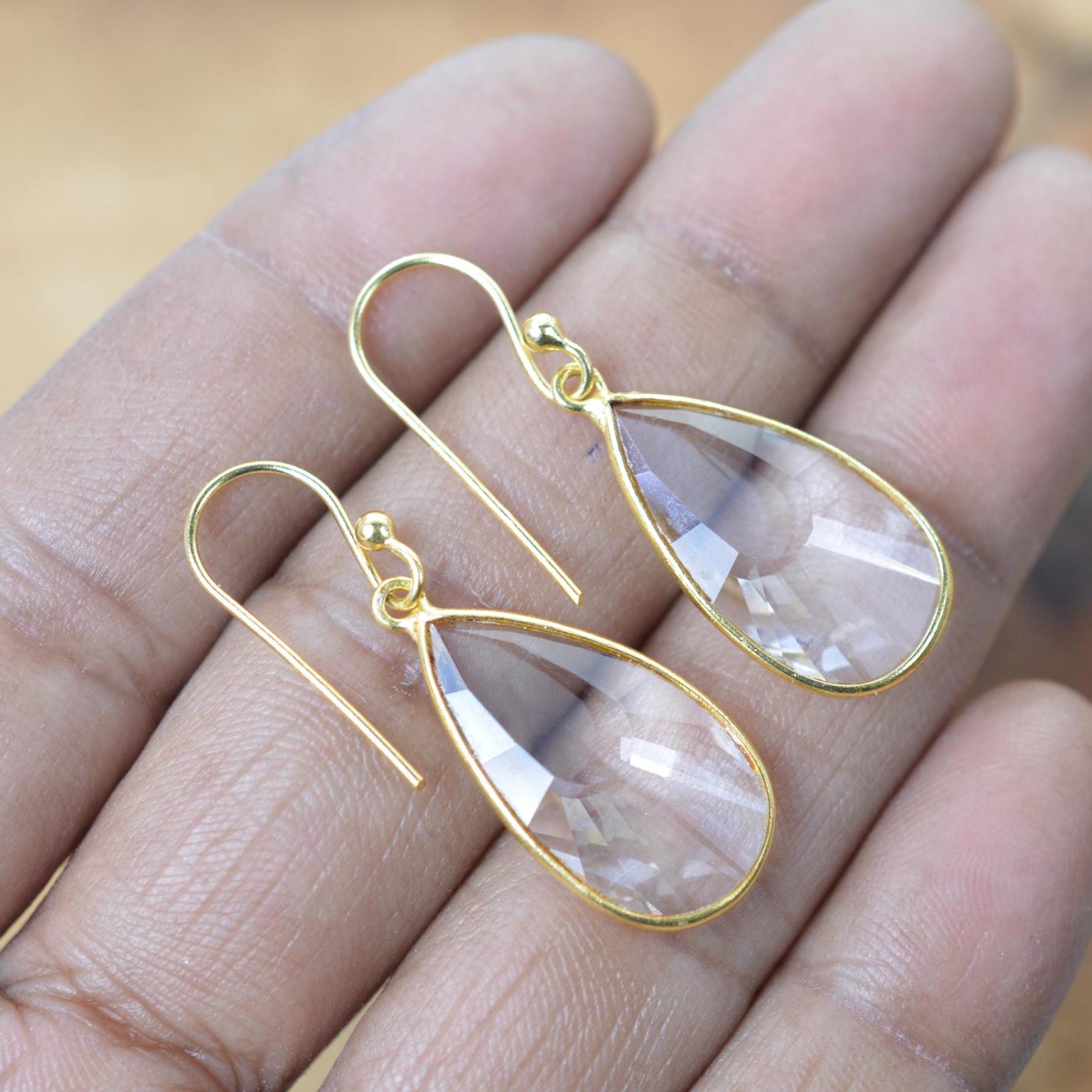 Crystal Quartz Teardrop Earrings: Gold Vermeil Sterling Silver Dangle