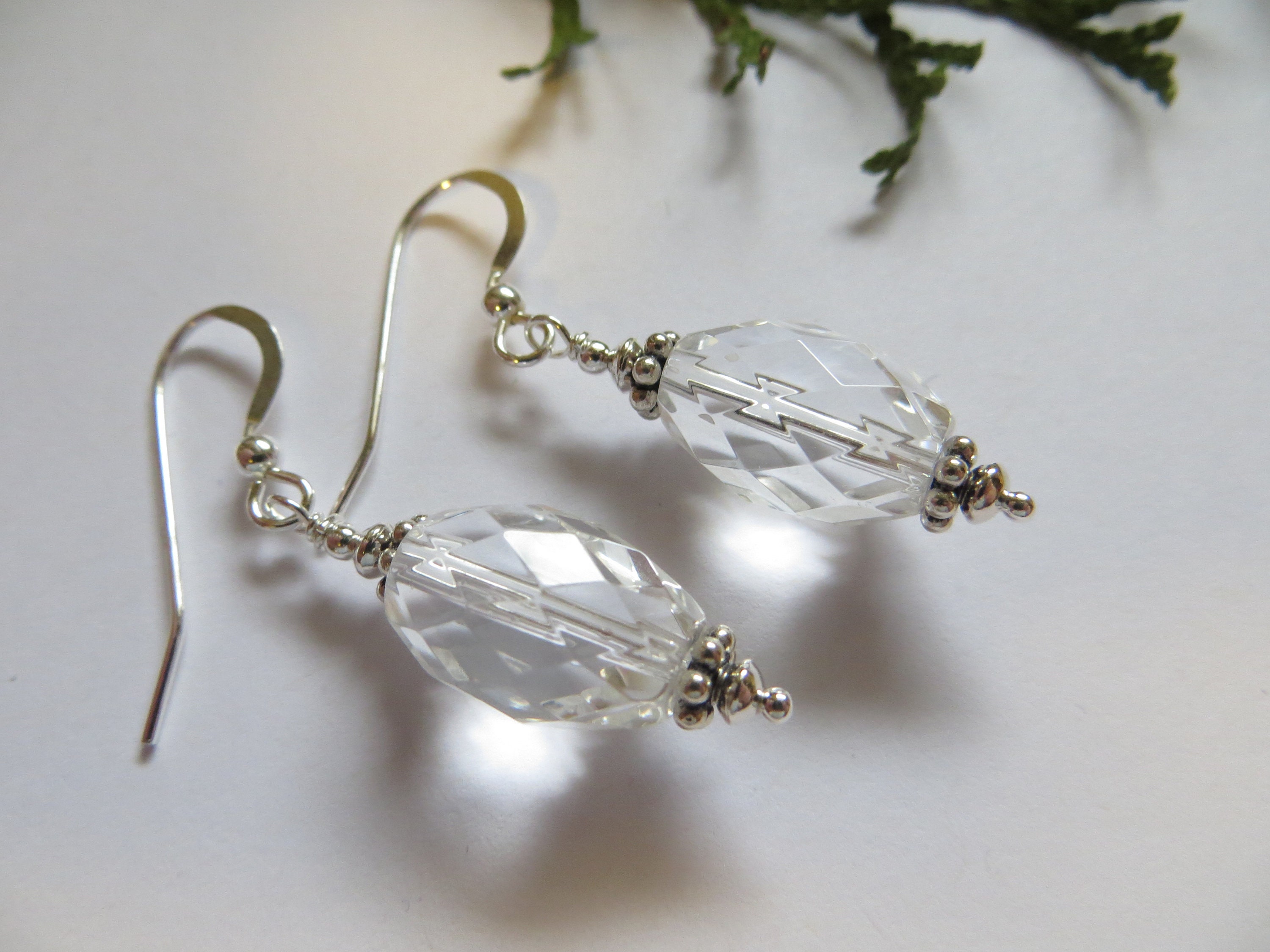 Faceted Rock Crystal Quartz Sterling Silver Earrings, April Birthstone