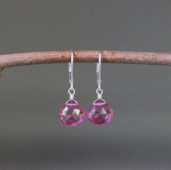 Fuchsia Quartz Earrings - Pink Gemstone Earrings - Silver Wire Wrapped Earrings - Silver Leverback Earrings - Hot Pink And Silver Earrings
