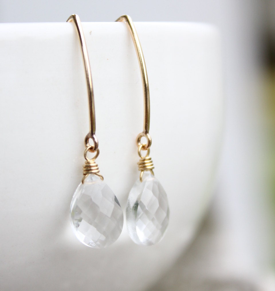 Gold Crystal Quartz Pear Cut Earrings, 14kt Gold Filled, Everyday Dangles