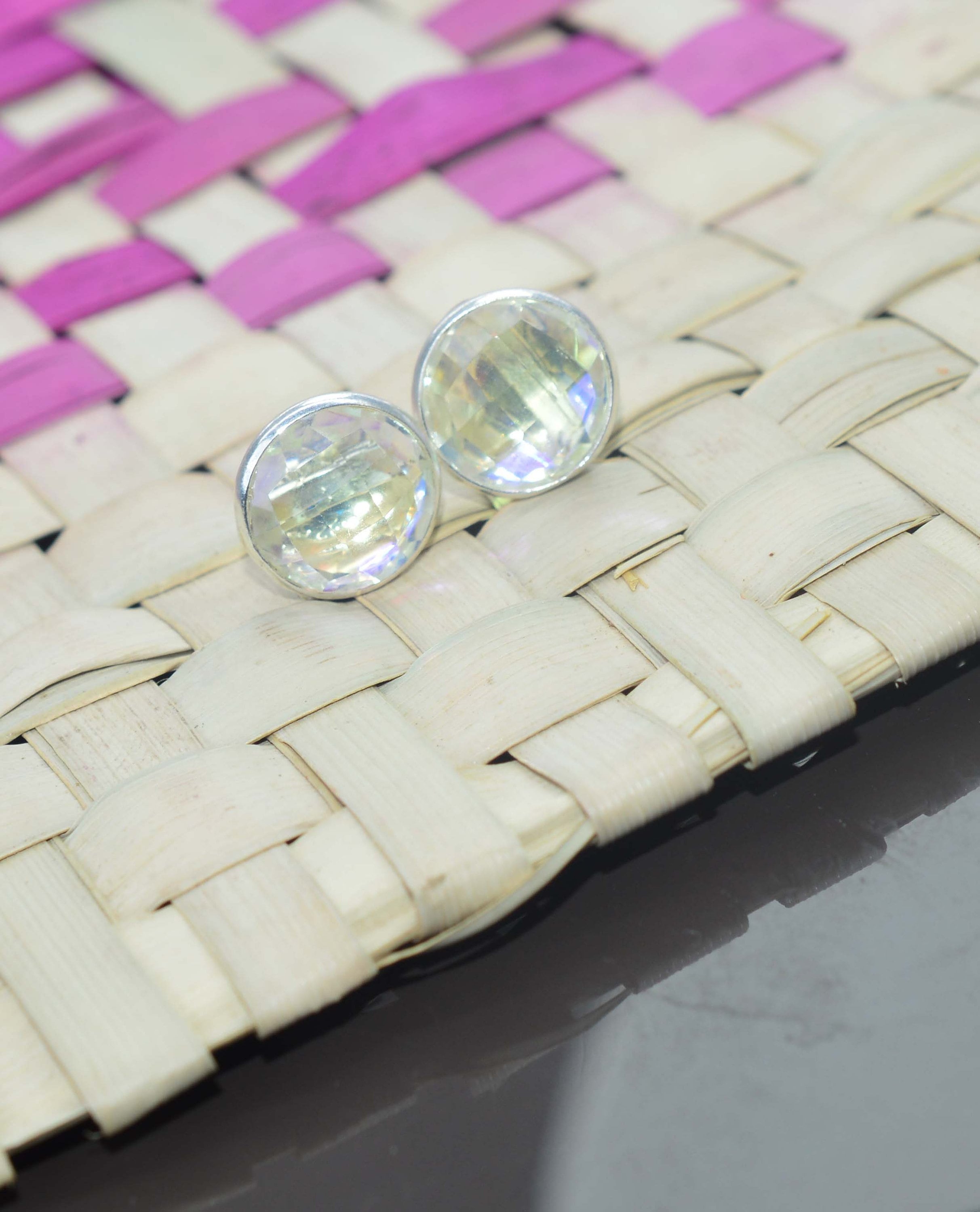 Mercury Mystic Quartz 925 Sterling Silver Round Shape Stud Earring, Gemstone Stud