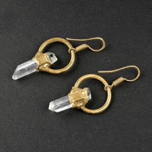 Crystal Quartz Pencil Gemstone Earrings, Copper Antique Polish Dangle Jewelry