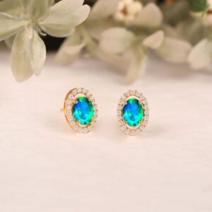 Oval Peacock Quartz Earrings, 925 Sterling Silver Studs, Bridal Jewelry Oval Peacock Quartz Earrings, 925 Sterling Silver Studs, Bridal Jewelry