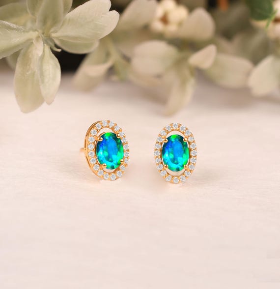 Oval Peacock Quartz Earrings, 925 Sterling Silver Studs, Bridal Jewelry