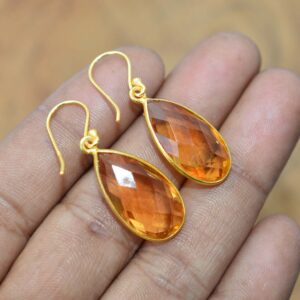 Peach Quartz 925 Sterling Silver 18 Carat Gold Overlay Faceted Gemstone Hook Earring Peach Quartz 925 Sterling Silver 18 Carat Gold Overlay Faceted Gemstone Hook Earring