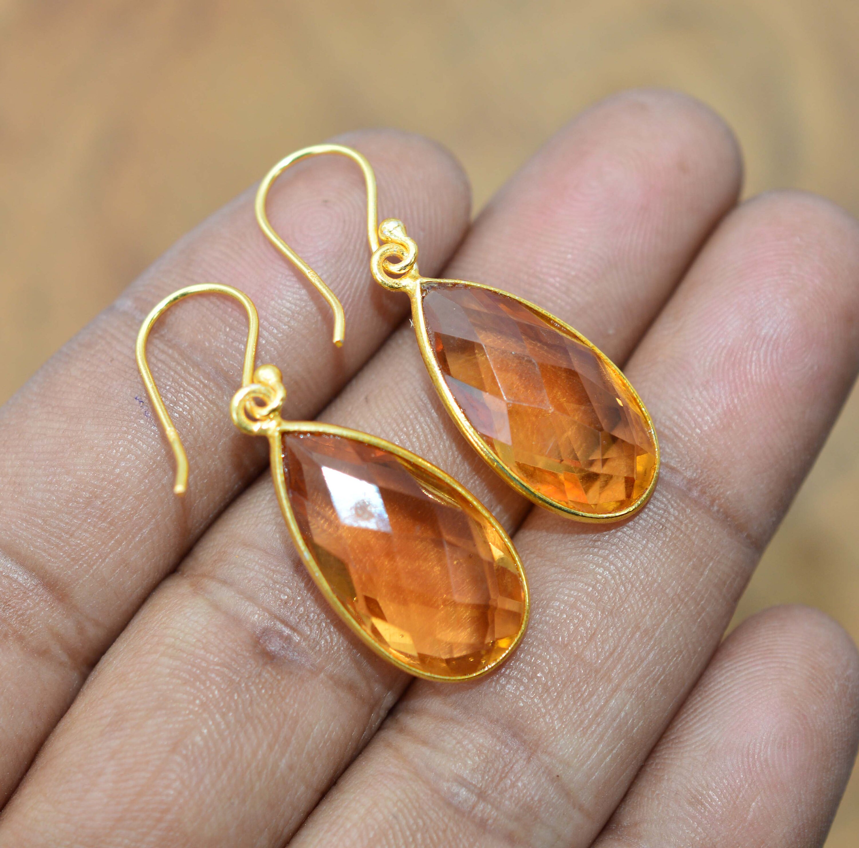 Peach Quartz 925 Sterling Silver 18 Carat Gold Overlay Faceted Gemstone Hook Earring