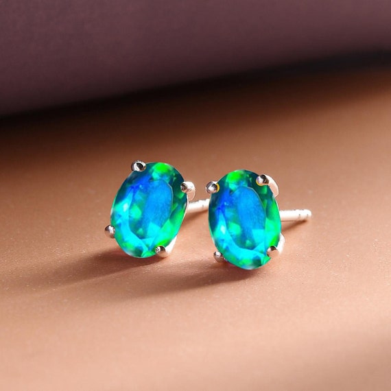 Peacock Quartz Oval Stud Earrings, Sterling Silver Or Gold