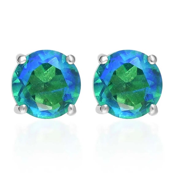 Peacock Quartz Stud Earrings, 925 Sterling Silver, Round 6.0mm Peacock Quartz Stud Earrings, 925 Sterling Silver, Round 6.0mm
