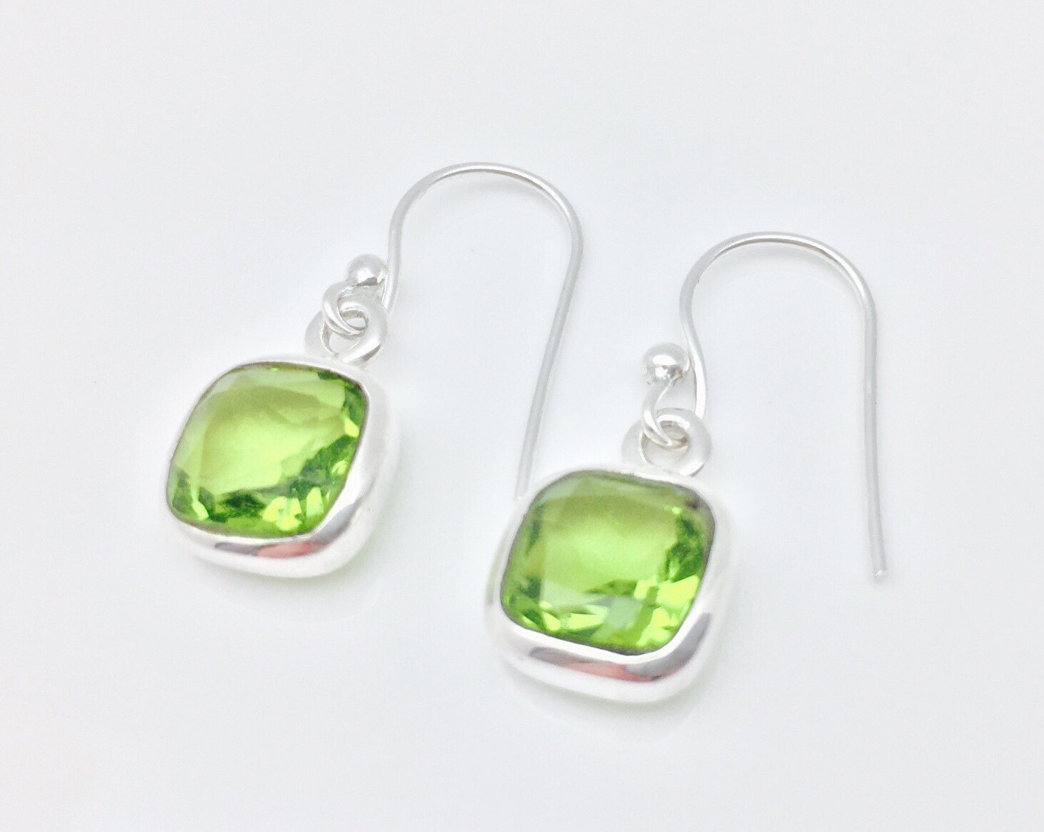 Peridot Quartz Earrings // 925 Sterling Silver // Simple Square Setting // Hook Wires