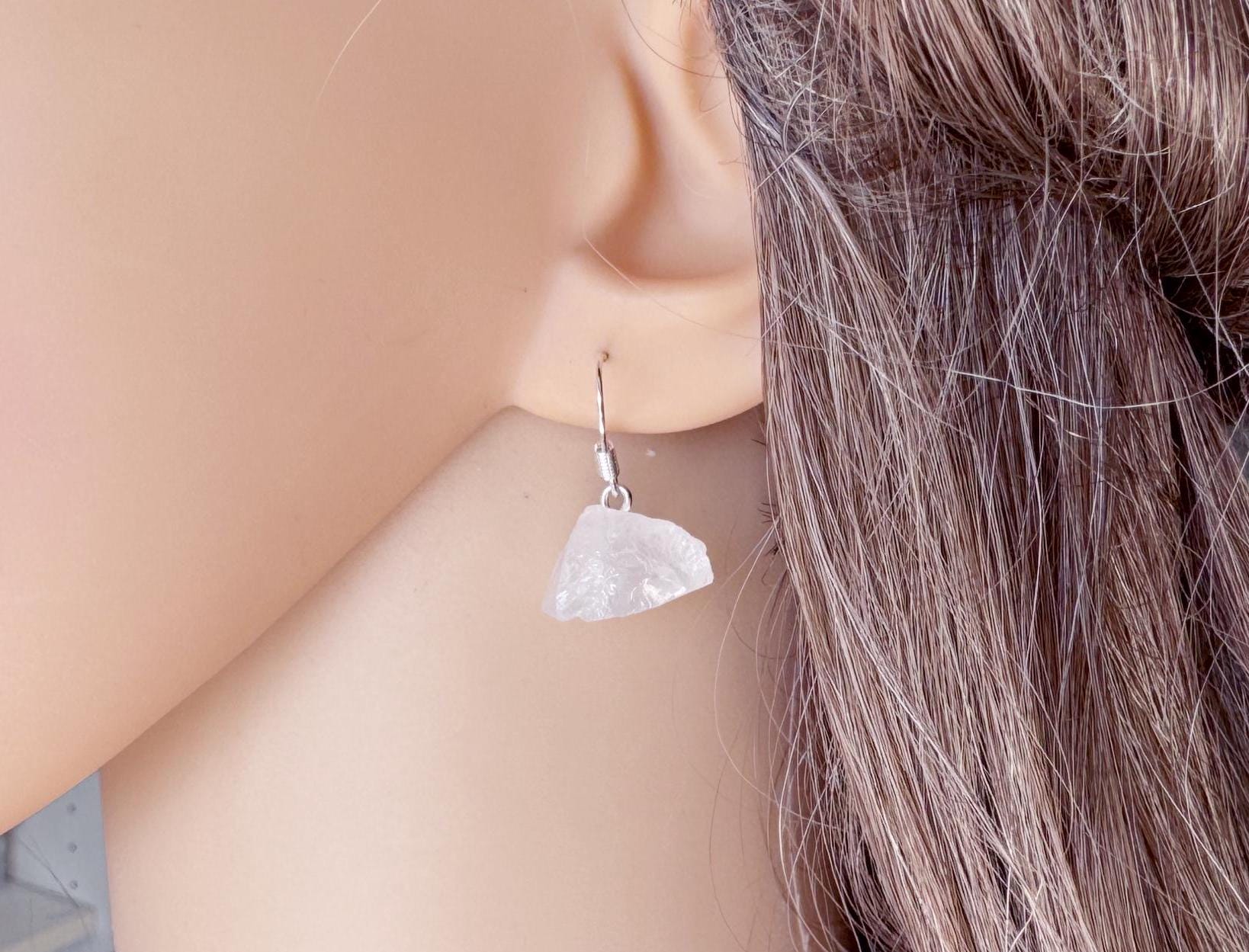 Raw Quartz Crystal Earrings: Sterling Silver April Birthstone Raw Quartz Crystal Earrings: Sterling Silver April Birthstone