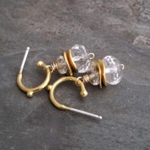 Rock crystal quartz little hoop earrings, genuine gemstone dangle, double clear rondelle bead drops, gold huggies Rock crystal quartz little hoop earrings, genuine gemstone dangle, double clear rondelle bead drops, gold huggies