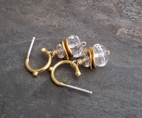 Rock Crystal Quartz Little Hoop Earrings, Genuine Gemstone Dangle, Double Clear Rondelle Bead Drops, Gold Huggies Rock Crystal Quartz Little Hoop Earrings, Genuine Gemstone Dangle, Double Clear Rondelle Bead Drops, Gold Huggies