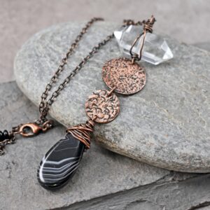 Black Sardonyx And Quartz Point Statement Necklace, Unique Gemstone Copper Circle Jewelry
