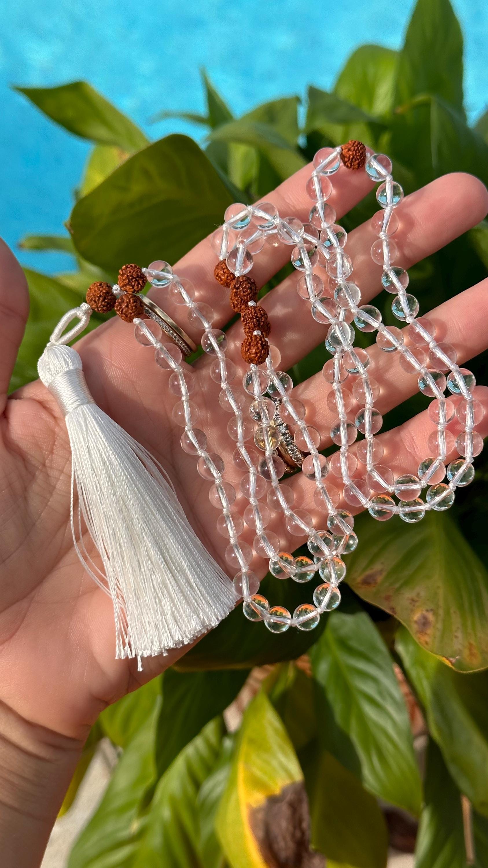 Clear Quartz And Rudraksha Seed Mala Necklace With Silk Thread Clear Quartz And Rudraksha Seed Mala Necklace With Silk Thread