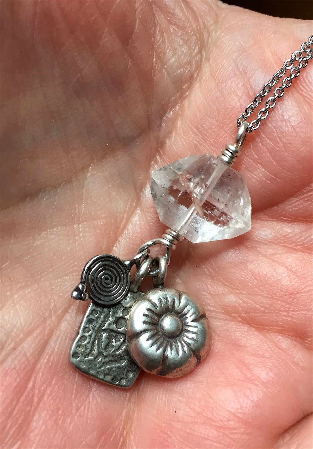 Quartz Crystal Talisman Necklace: Silver Tribal Charms