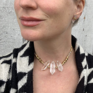 Edgy Clear Quartz Crystal Point Gold Beaded Necklace | Raw Stone Gold Necklace | Choke Necklace | Boho Necklace | Witchy Necklace