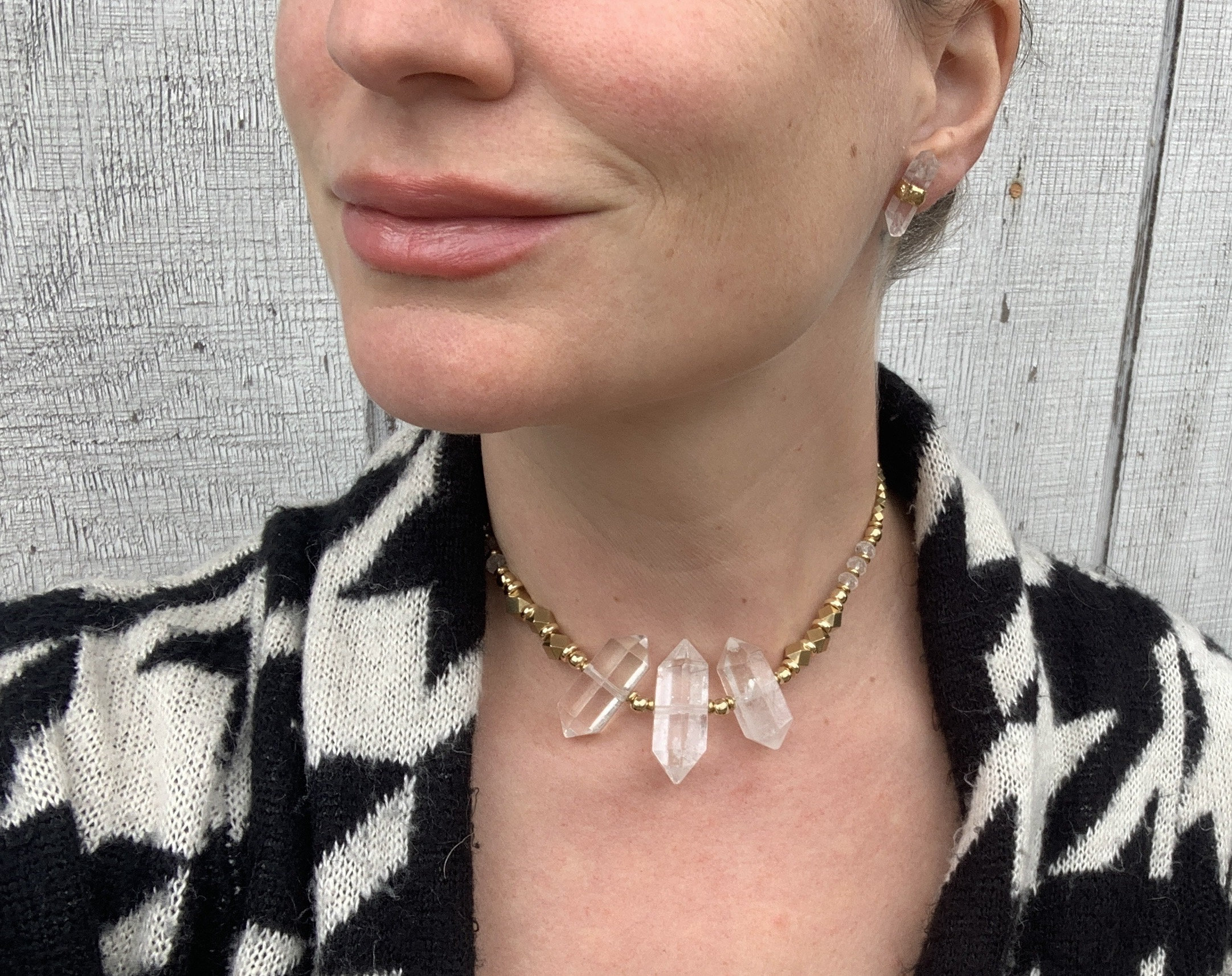 Edgy Clear Quartz Crystal Point Gold Beaded Necklace | Raw Stone Gold Necklace | Choke Necklace | Boho Necklace | Witchy Necklace