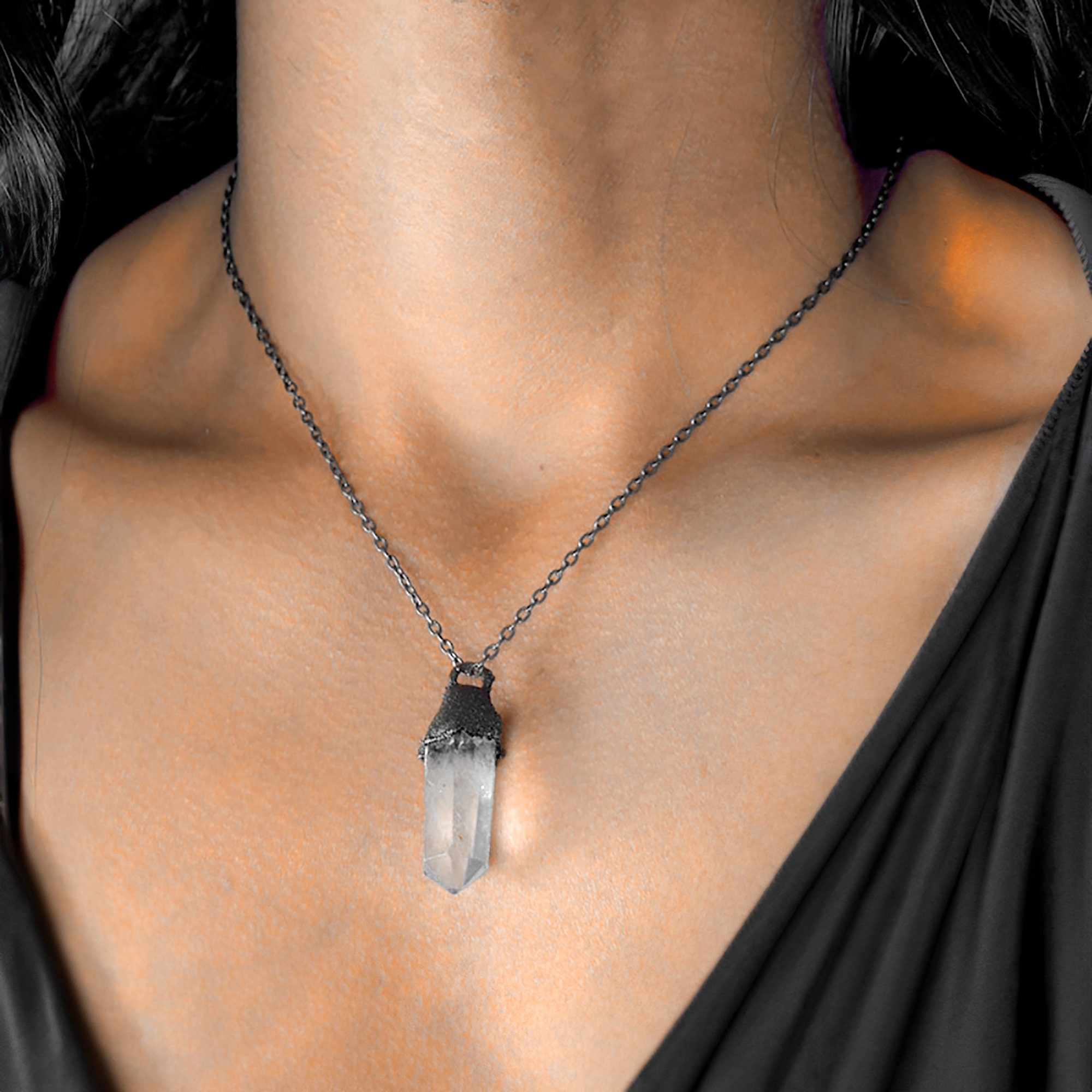 Natural Clear Quartz Pointed Gemstone Necklace \ April Birthstone Necklace \ Black Necklace \ Healing Necklace \ High Vibration Crystals
