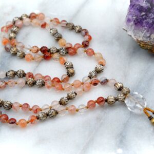 Red Hematoid Quartz, Tibetan Prayer Beads, Grounding, Adaptogenic Stone, Powerful Healing, Knotted 108 Mala Beaded Necklace