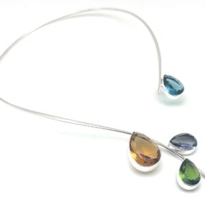Sterling Silver Multi Color Quartz Leaf Choker, 17" Statement Necklace