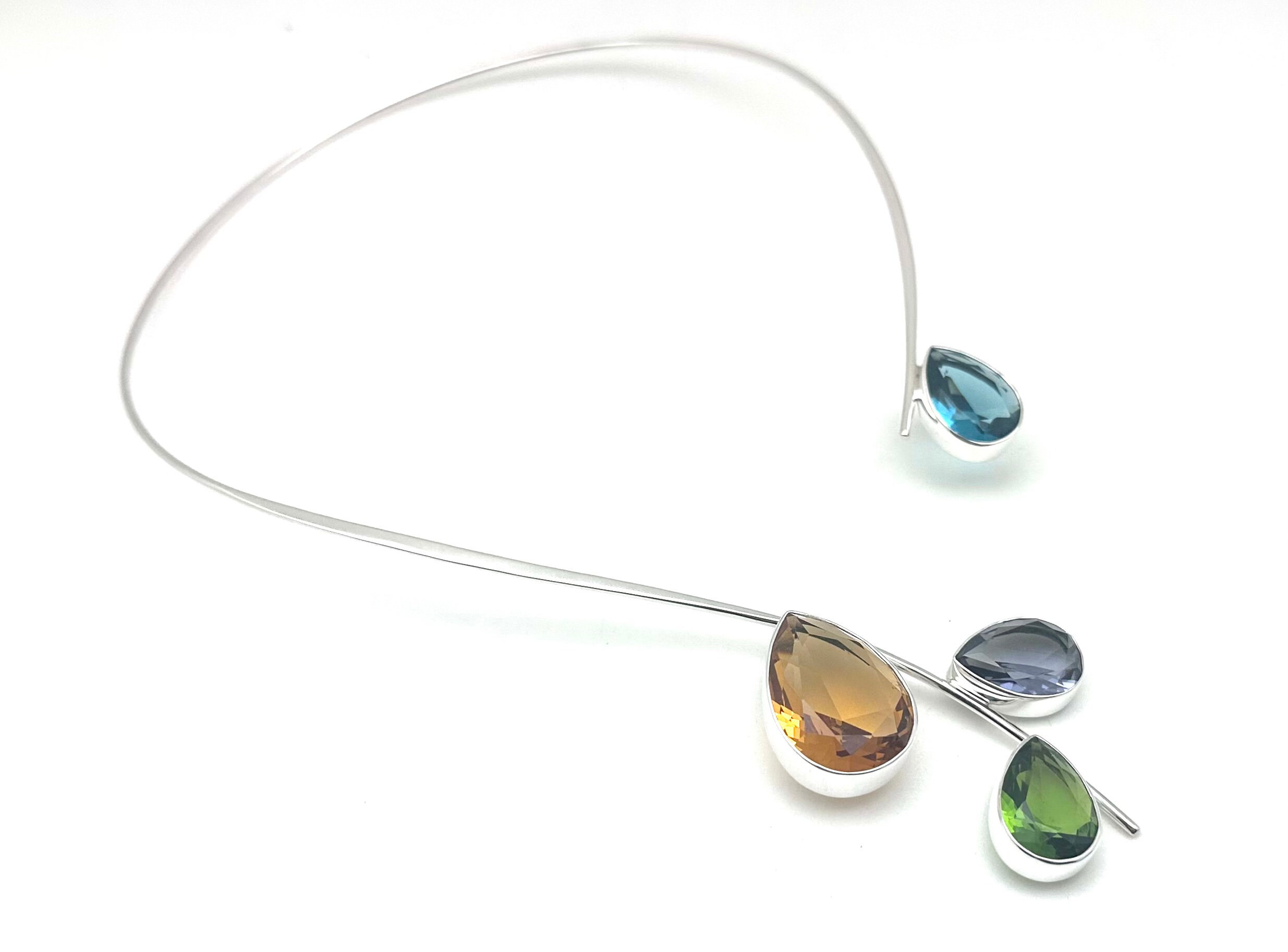 Sterling Silver Multi Color Quartz Leaf Choker, 17" Statement Necklace
