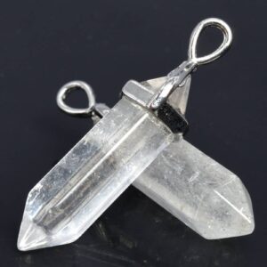 2 Pcs - 39x8mm Clear Crystal Quartz Natural Bead Hexagonal Pointed Pendant Silver Plated Cap Bulk Lot Options (102512-534)