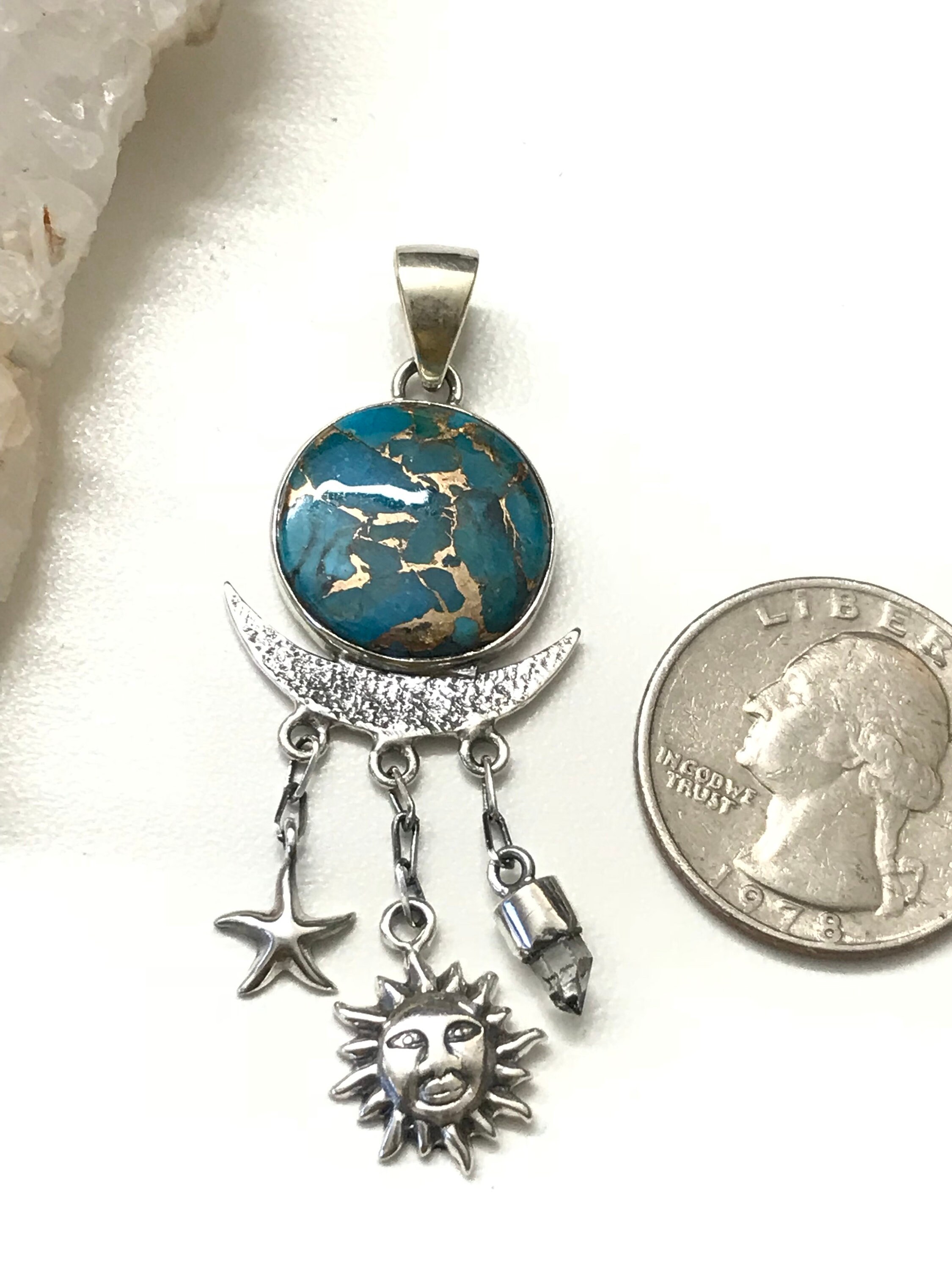 Celestial Copper Blue Turquoise And Quartz Crystal Point Pendant