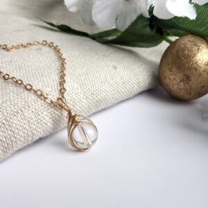 Clear Crystal Quartz 14k Gold Filled Minimalist Dainty Wire Wrapped Pendant, April Birthstone