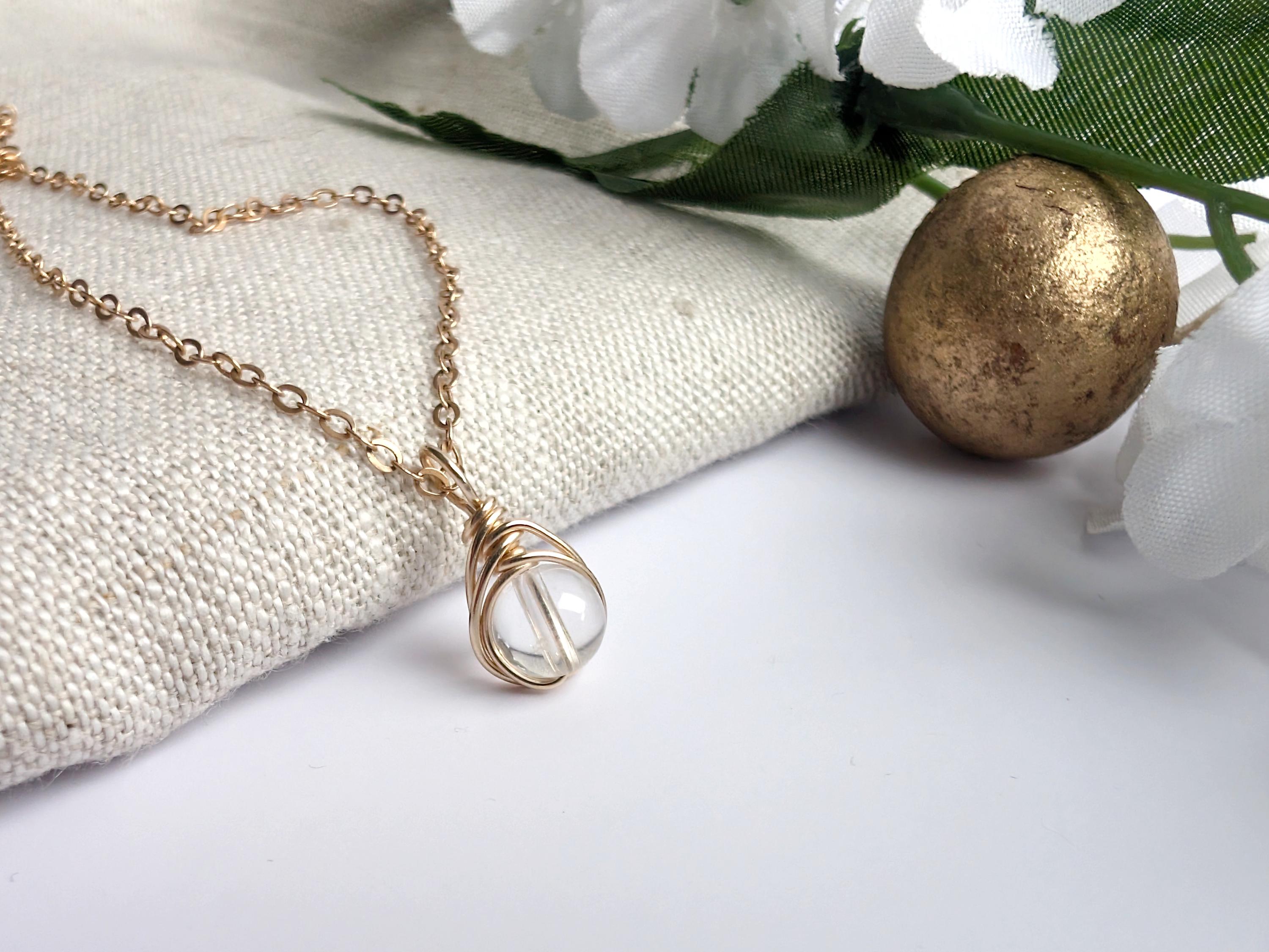 Clear Crystal Quartz 14k Gold Filled Minimalist Dainty Wire Wrapped Pendant, April Birthstone