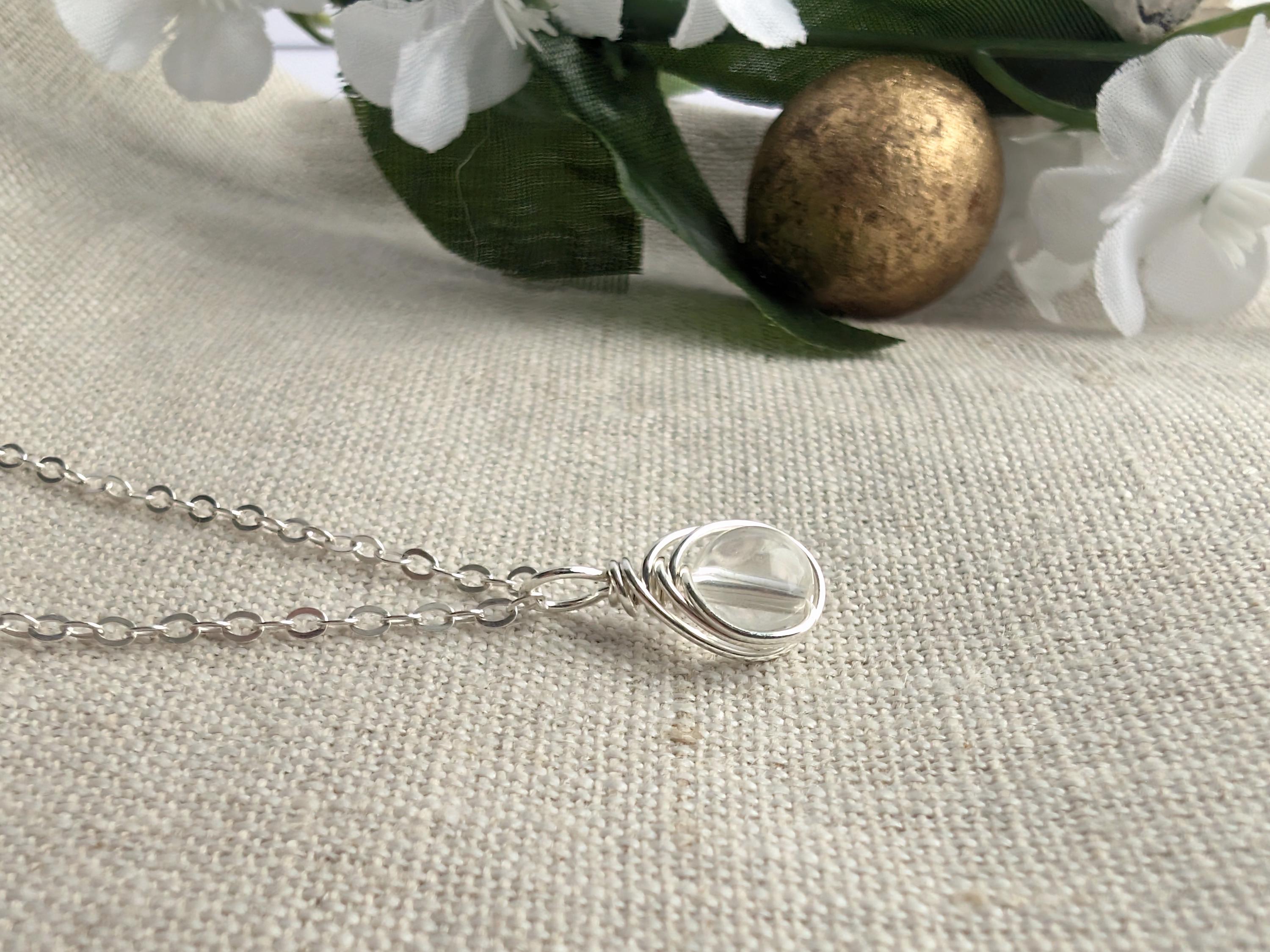 Clear Crystal Quartz Minimalist Dainty Sterling Silver Pendant, April Birthstone,