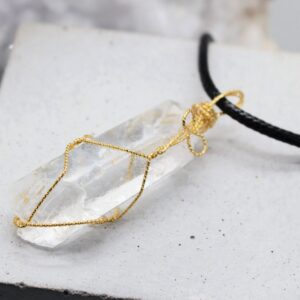 Clear Quartz Crystal Necklace: Gold Plated Wire Wrapped Pendant