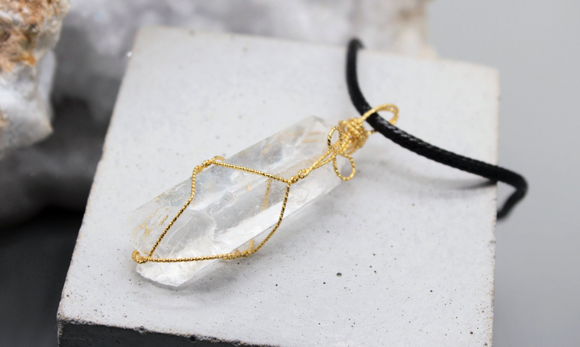 Clear Quartz Crystal Necklace: Gold Plated Wire Wrapped Pendant