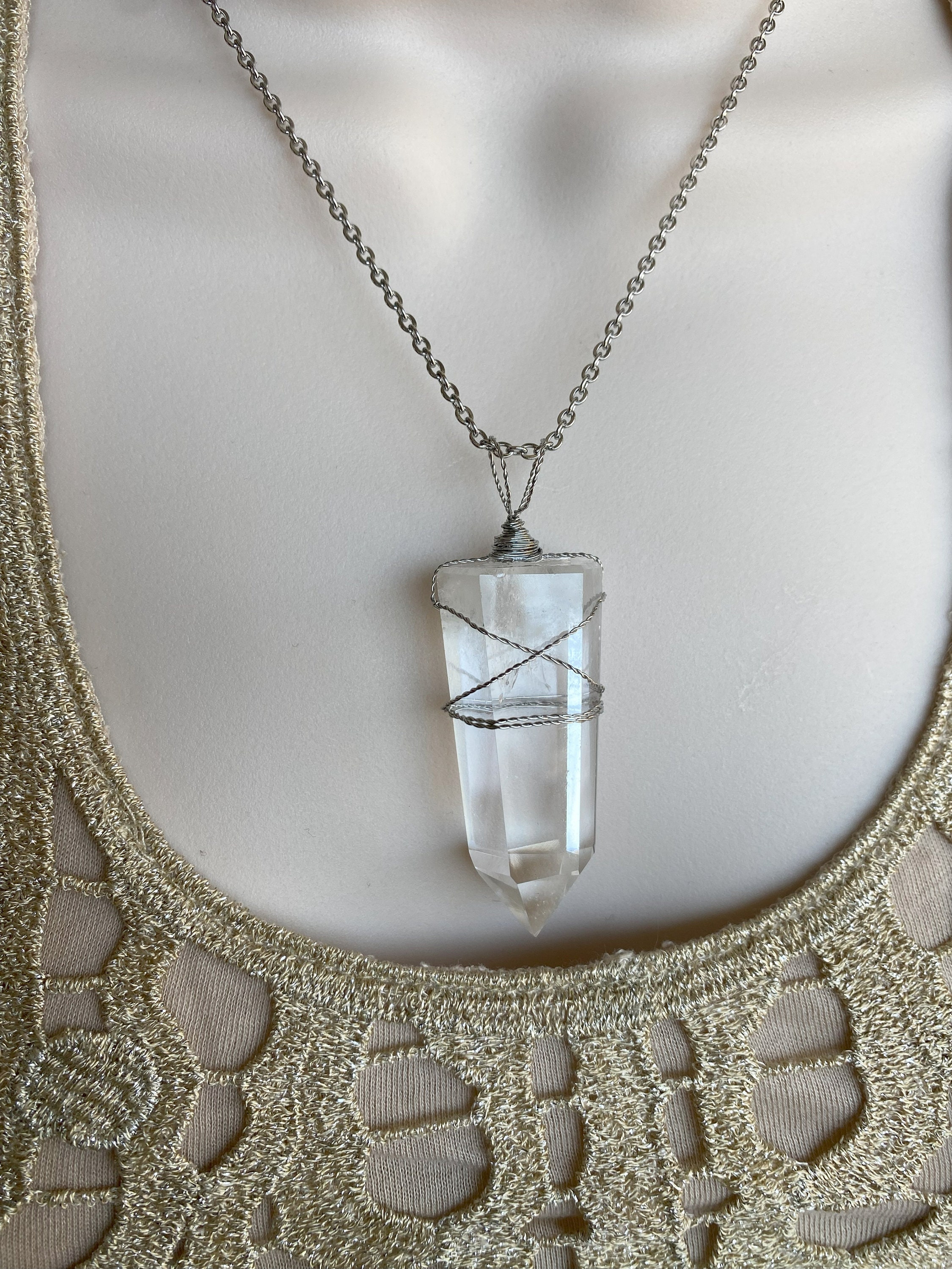 Clear Quartz Crystal Point Pendant  - Stainless Steel Wire Wrapped Pendant - Healing Jewelry - Crystal Point Necklace