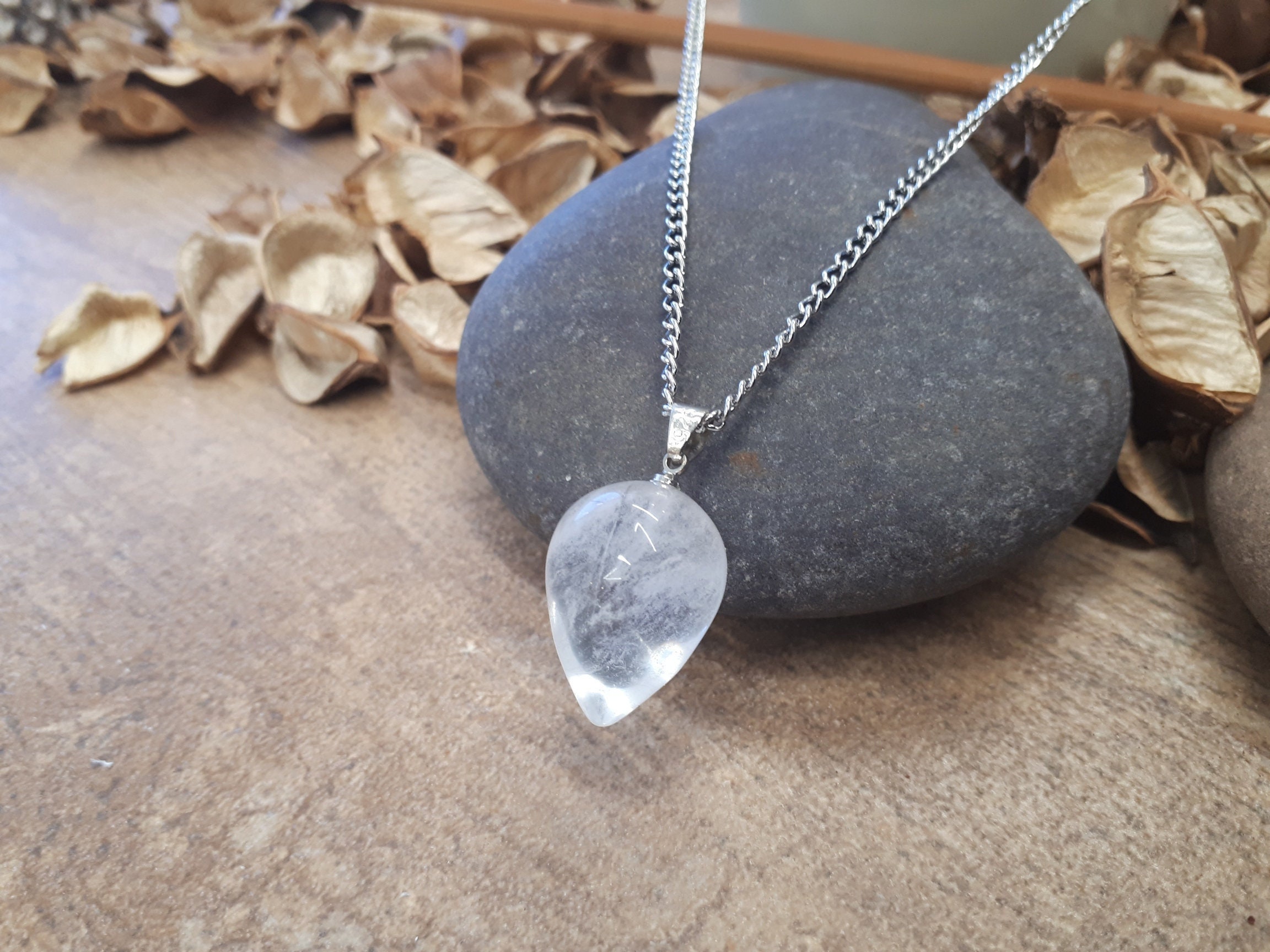 Clear Quartz Necklace Silver Pendant. Raw Real Clear Quartz Necklace Crystal Jewelry Set. Quartz Crystal Pendant For Women, Gift For Her Mom
