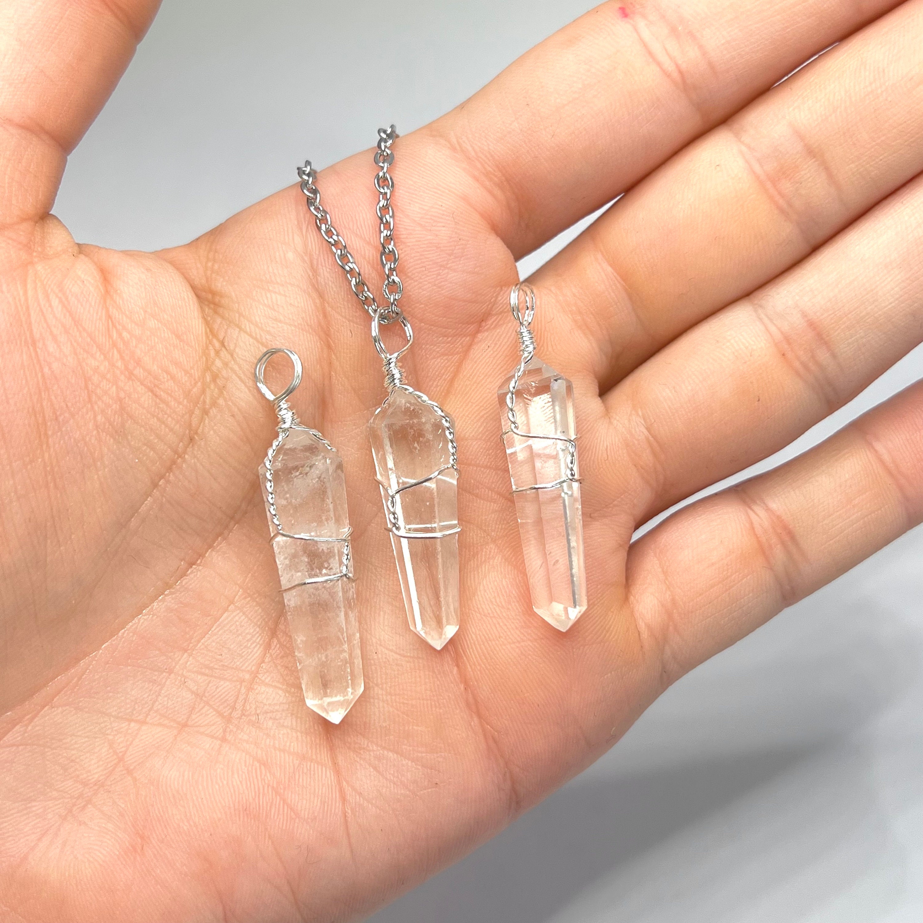 Quartz Crystal Pendant Necklace, Wire Wrapped Pendant With 18" Chain