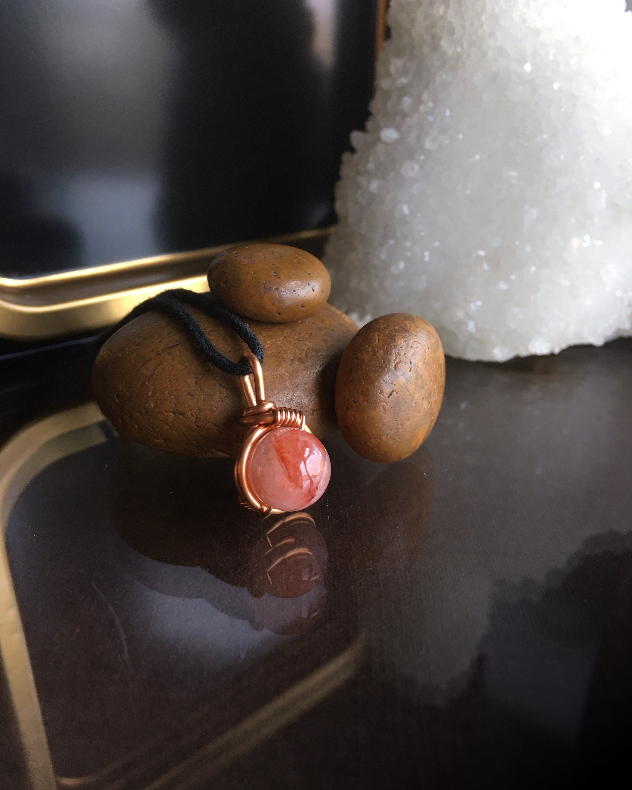 Red Hematoid Quartz Necklace, Handmade Copper Wire Wrapped Pendant