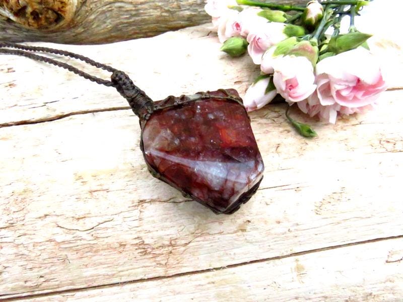 Red Hematoid Quartz Necklace, Gemstone Pendant, Natural Stone, Macrame Jewelry, Mother Day Gift