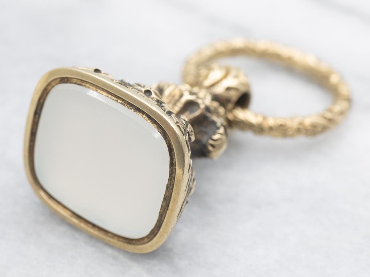 Victorian 12k Gold Fob Pendant, Engraved Monogram, White Quartz