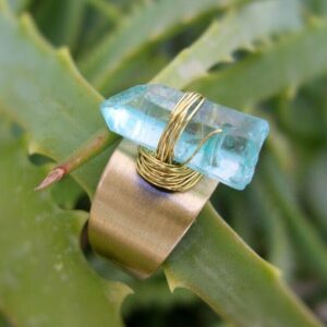 Aqua Aura Ring, Quartz Point Adjustable, Brass Boho Chic, Statement Ring
